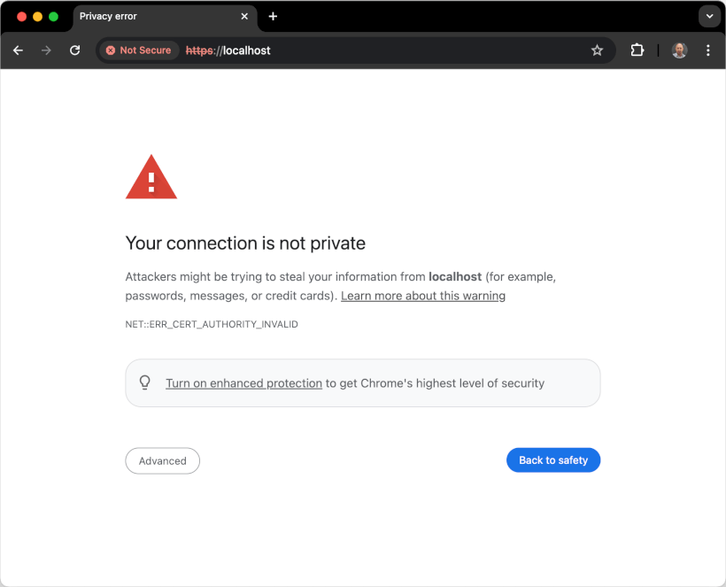 Your connection is not private error in Google Chrome