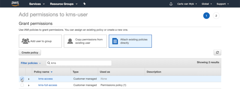 Attaching the 'kms-access' Policy to Your New User