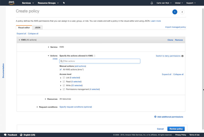 Creating a Policy for AWS KMS